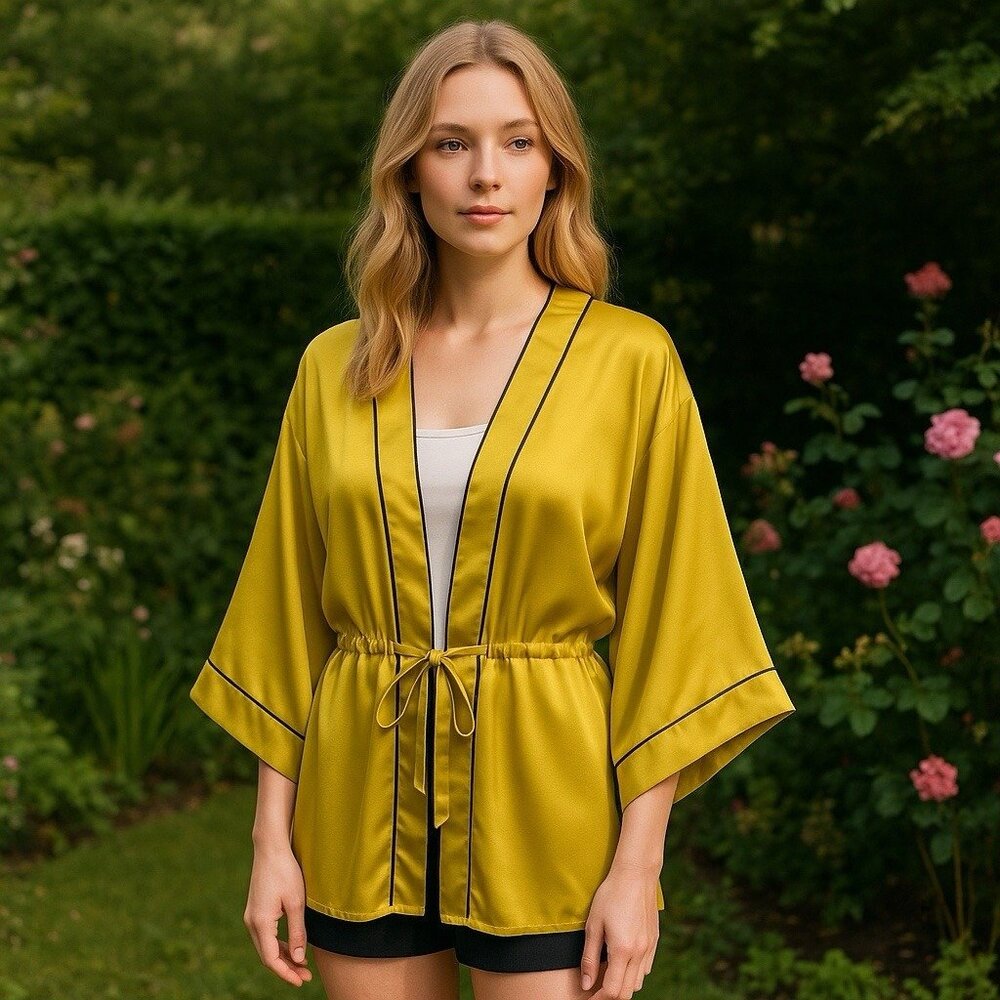 Ruyi Chartreuse Satin Batwing Tie Front Kimono Festival Fairy Whimsical Boho OS‎